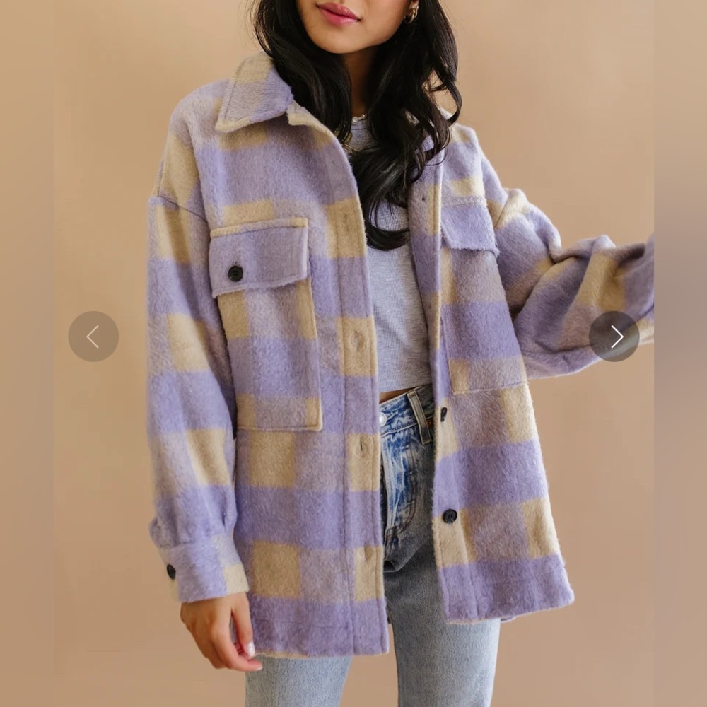 SundayUp Women's Teddy Sweater Jacket in Purple and Cream Plaid Button Up